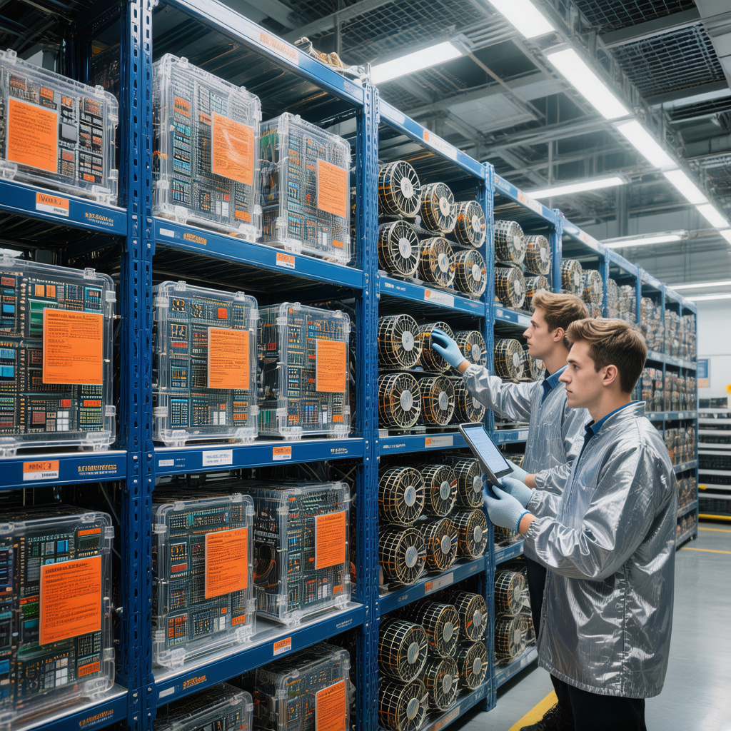 UAVCHIP warehouse shelves with anti-static inventory bins and reels